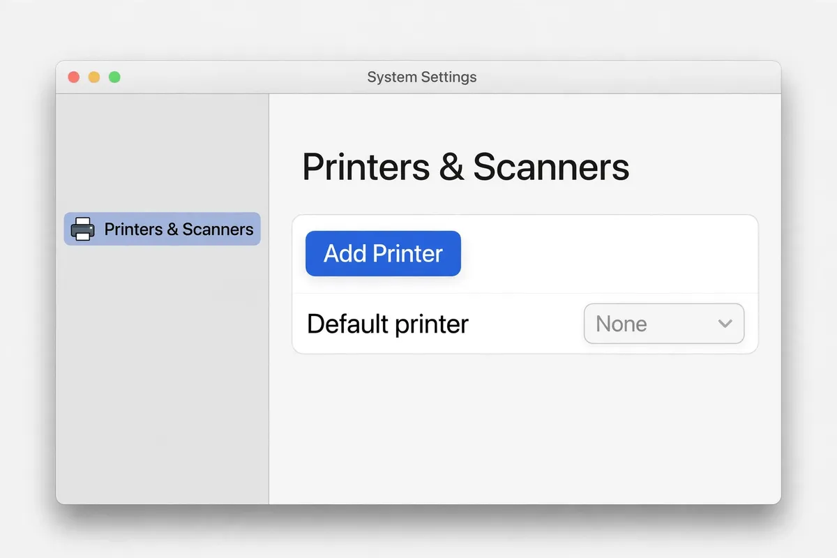 Example recreation of macOS System Settings showing Printers and Scanners with the Add Printer button.