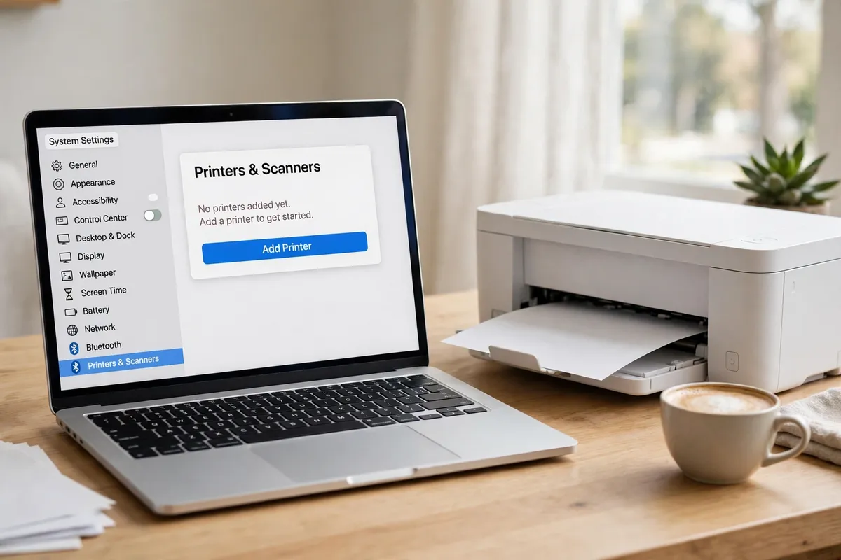 A MacBook beside a white printer printing a fresh page on a bright wooden desk in daylight, the Mac screen showing macOS Printers and Scanners with an Add Printer button.