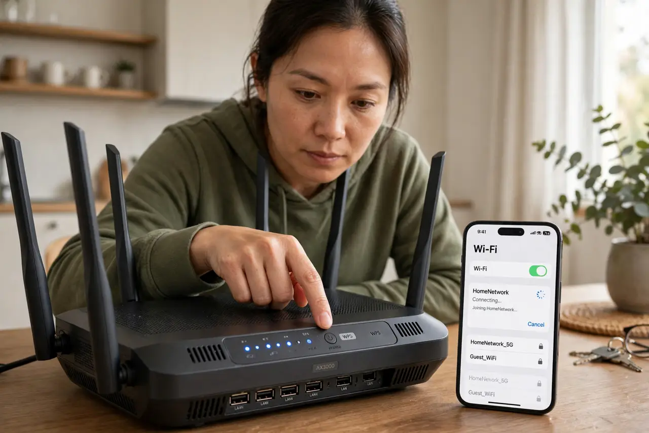a person pressing the real WPS button on a real home router, a phone nearby showing the Wi-Fi connecting screen legibly, the person's face focused, home interior. No black screen, .
