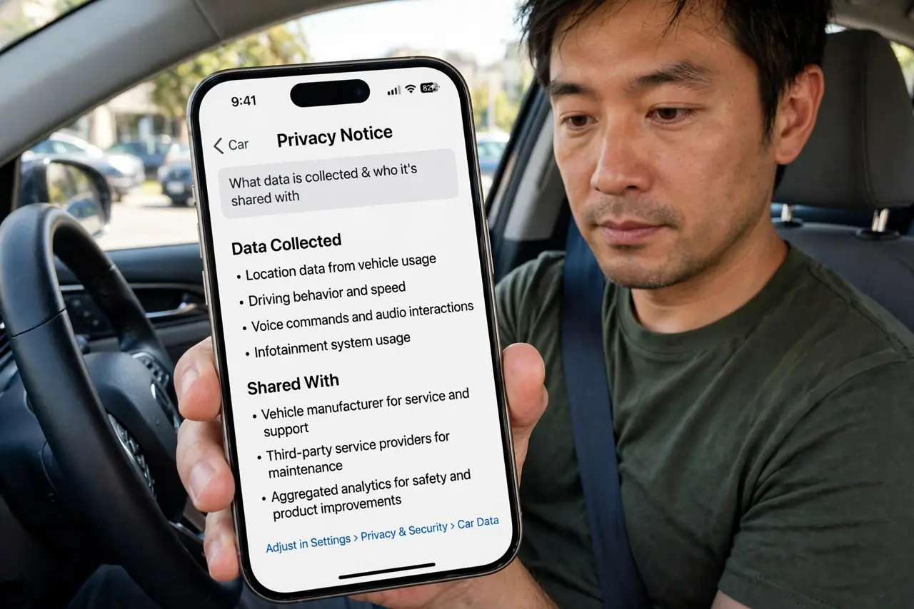 A person performing the first step: Read the car's privacy notice. Find it in the infotainment system or the companion.