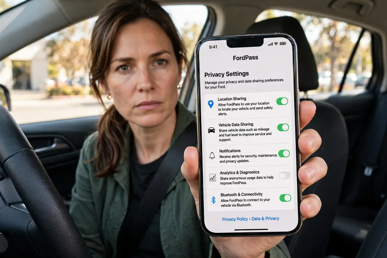 An adult sitting in the driver's seat of a parked car holding a real phone showing the carmaker's app privacy settings