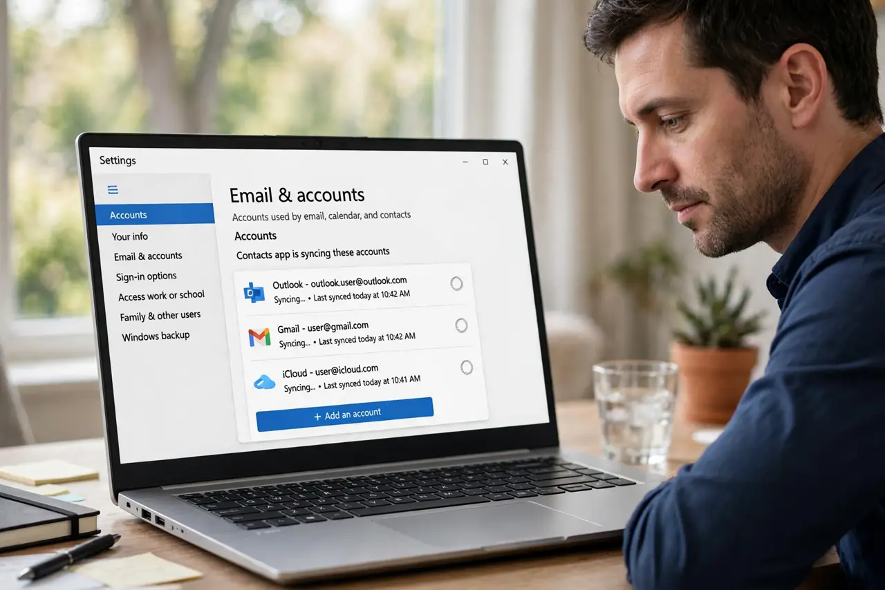 A focused man checks which accounts sync contacts in the contacts app settings.