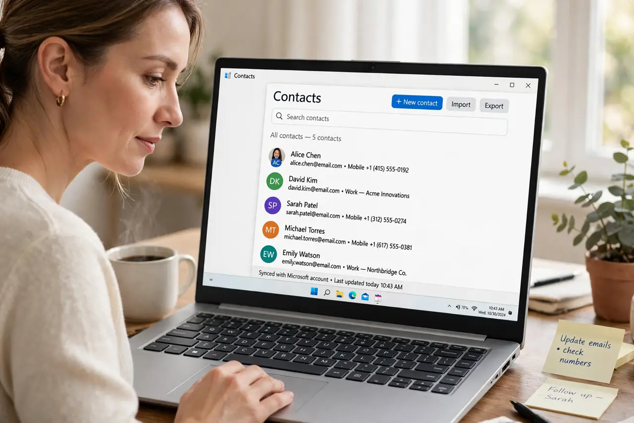 A calm woman organizes a contacts list on a Windows laptop.