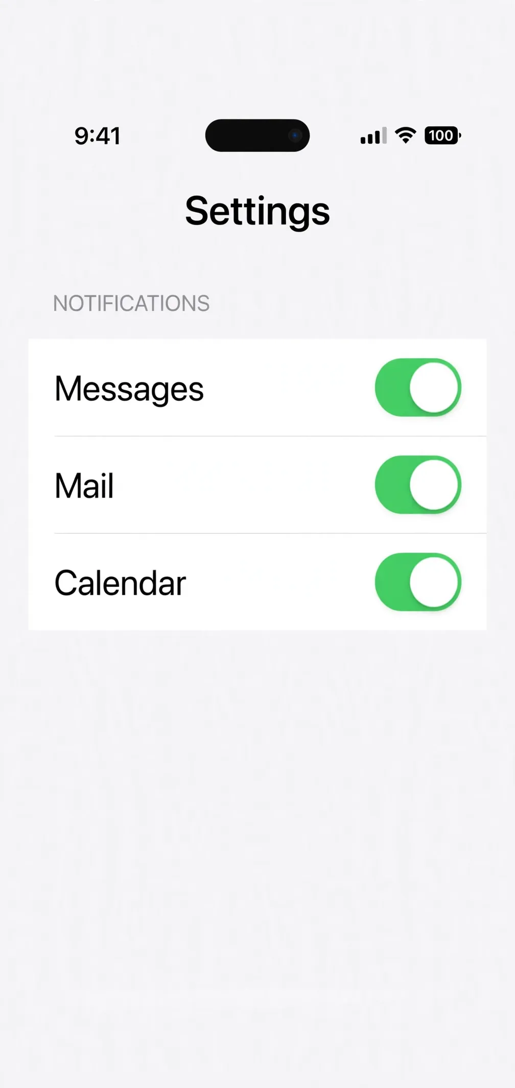 A phone Settings screen showing the Notifications list, with Messages, Mail and Calendar each beside a green toggle switch.