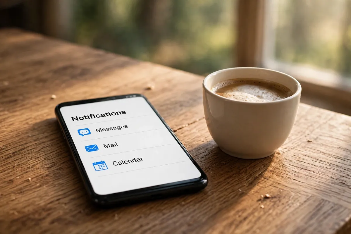 A smartphone on a wooden desk beside a cup of coffee, showing a Notifications list with Messages, Mail and Calendar.