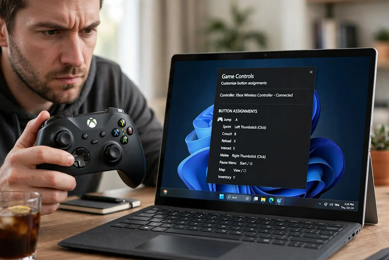 A focused man holds an Xbox controller next to a Windows laptop showing the game controls menu.