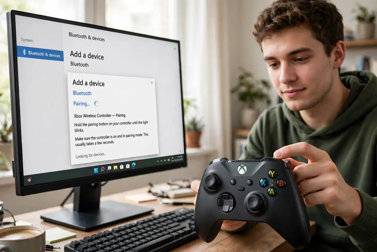 A calm gamer at a desk holding a real game controller next to a PC, the monitor showing the Bluetooth pairing screen with legible text, the person pressing the pairing button.