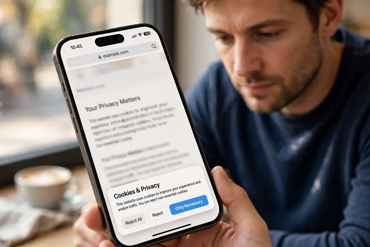 Cookie Banner Defaults to Accept All? Choose Less — step 1 being performed on the device.