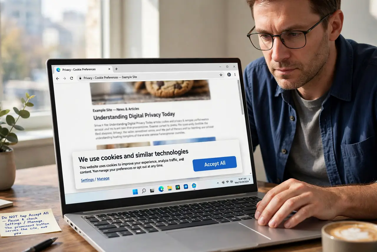 A person performing step 1 of the guide: Do not tap the big Accept All button. Pause on every cookie banner and look for the smaller Settings or Manage link. The prominent...