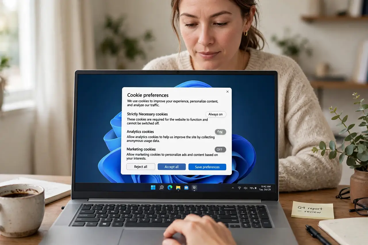 a calm adult at a desk with a real laptop, the screen showing a normal cookie consent banner with settings options and legible text, the person clicking carefully
