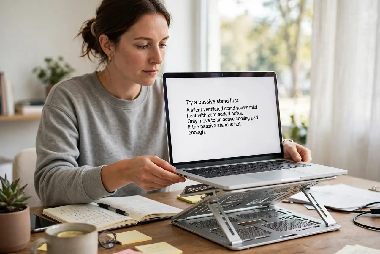 A person performing step 1 of the guide: Try a passive stand first. A silent ventilated stand solves mild heat with zero added noise. Only move to an active cooling pad if the...