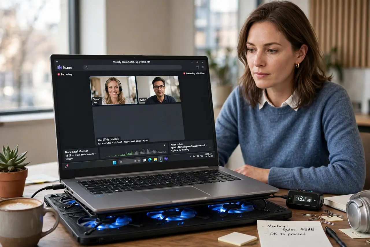a calm adult at a desk with a real laptop on a cooling pad with visible fans, the laptop screen showing a normal video call with legible text, the person listening to the noise level