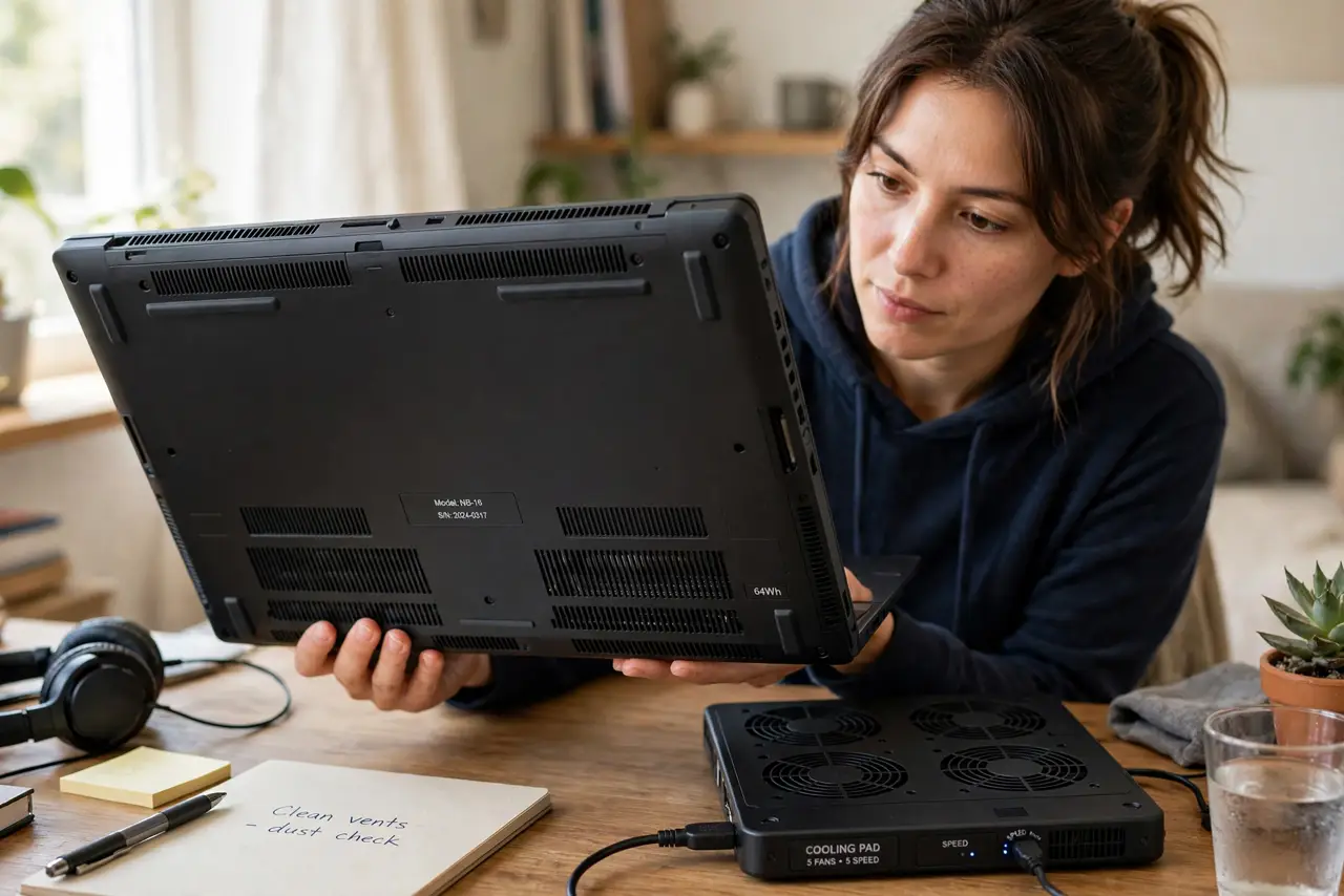 A person performing the first step: Check where your laptop breathes. Flip it over: big bottom intakes mean a pad can.