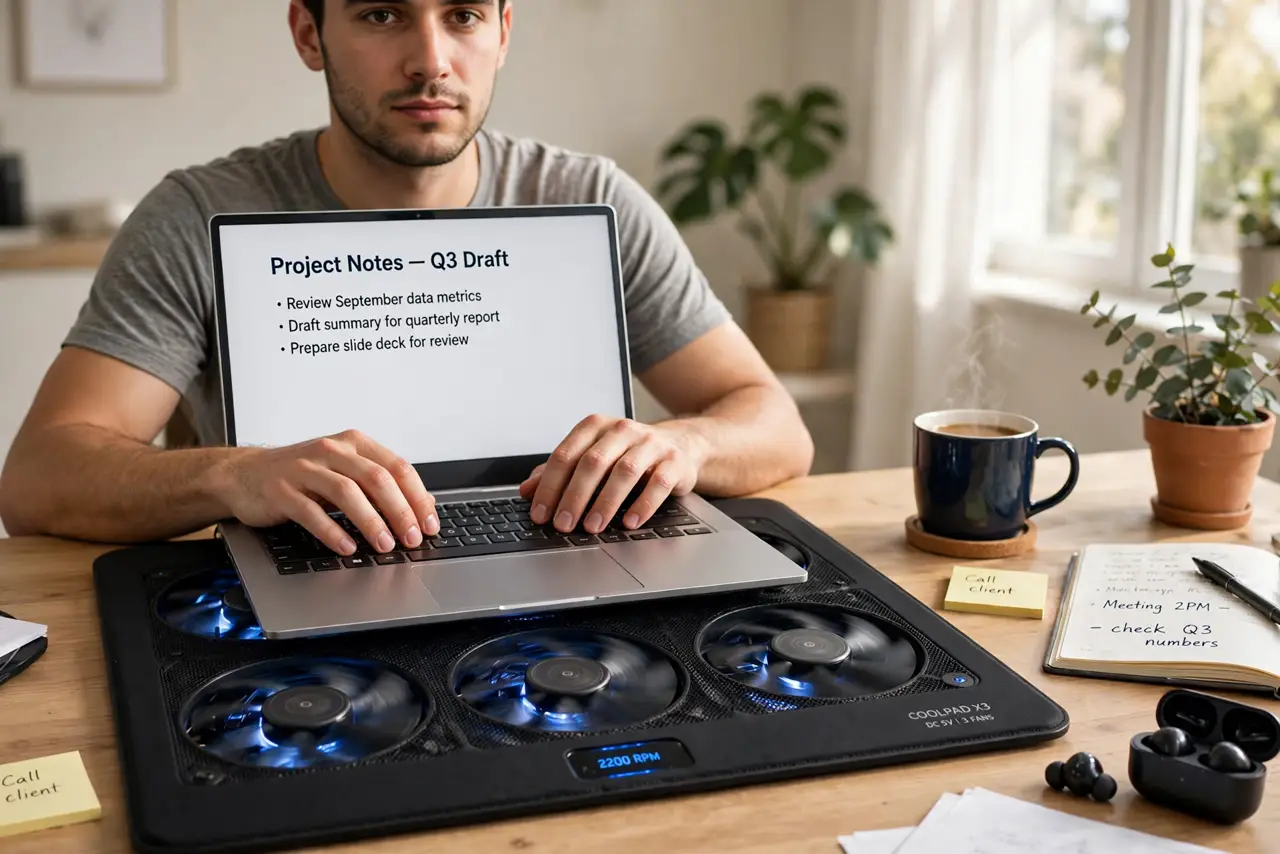 A real laptop sitting on a cooling pad with visible fans underneath on a desk, the pad's fans spinning, a person's