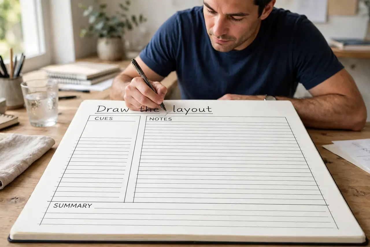 A person performing the guide's first step: Draw the layout. Divide the page: a wide right column for notes, a narrow left column (about a third of the width) for cues, and a few…
