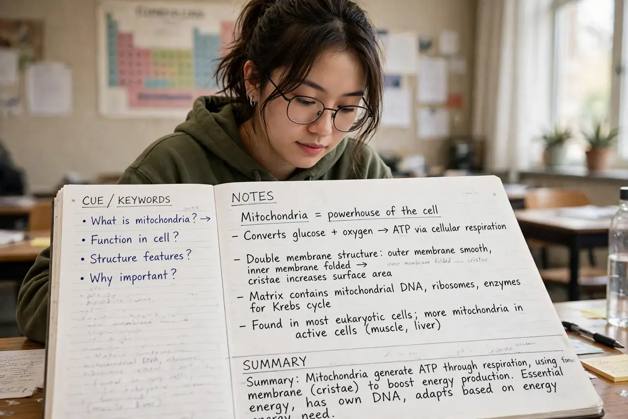 A student in a classroom with a real notebook showing the Cornell layout — notes column, cue column, and summary strip — all with legible handwriting, the student's face engaged, daylight..