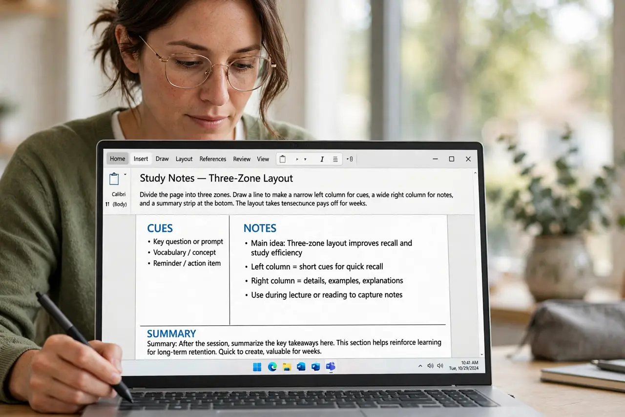 A person performing step 1 of the guide: Divide the page into three zones. Draw a line to make a narrow left column for cues, a wide right column for notes, and a summary strip...