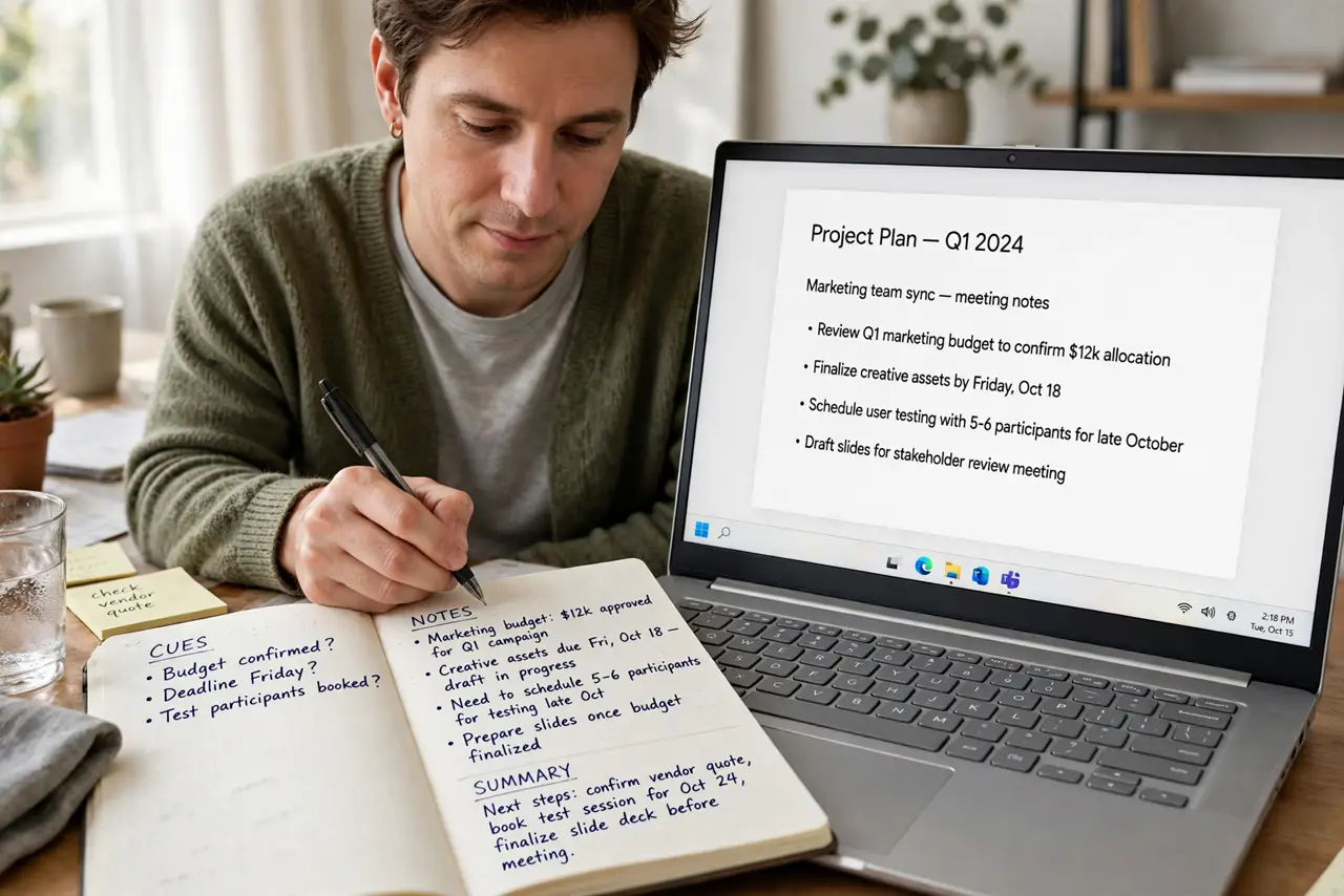 a calm adult at a desk with a real Windows laptop and a paper notebook showing the Cornell layout with legible notes, cues, and summary sections, the person writing in the notes column