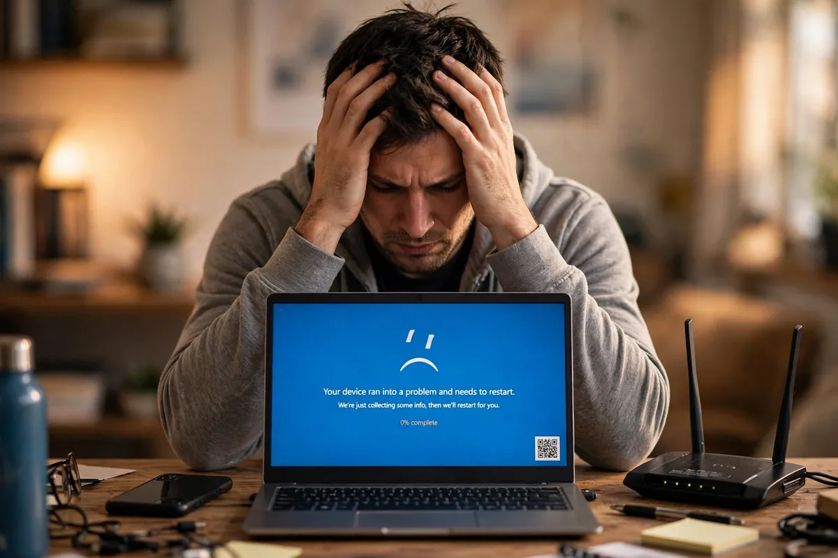 A frustrated man holding his head in both hands at a desk, looking at a laptop showing a blue Windows error screen with a sad face and a QR code, with a phone and a Wi-Fi router beside him.