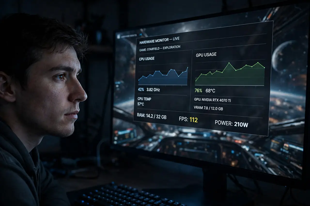 A person looking at a real monitor showing a hardware monitoring overlay with CPU and GPU usage graphs legible during a