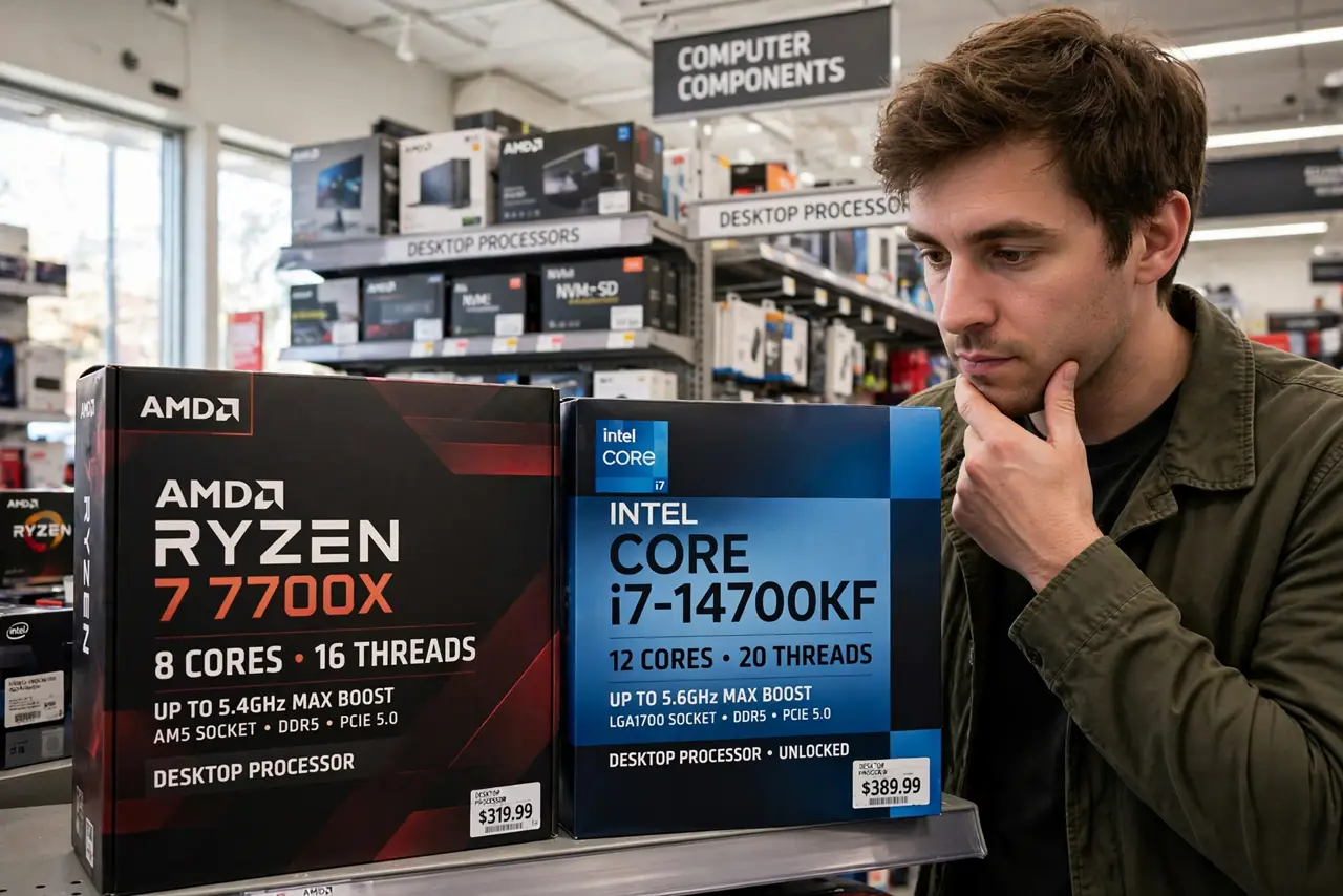 A person comparing two real CPU boxes on a store shelf showing core counts printed legibly, the person's face