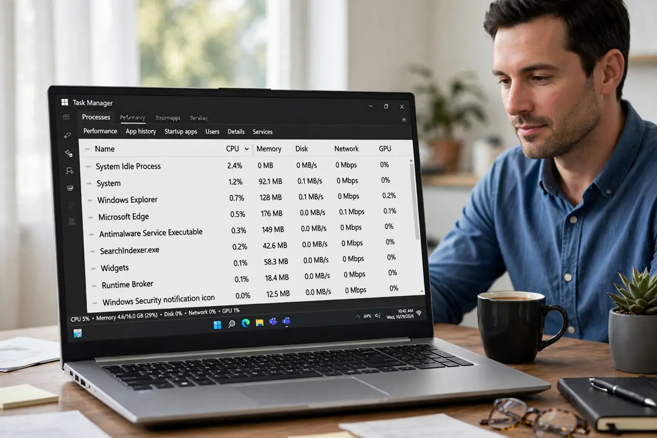 a calm adult at a desk beside a real Windows laptop left idle, the Task Manager Processes list sorted by CPU clearly visible and legible on the real laptop screen.