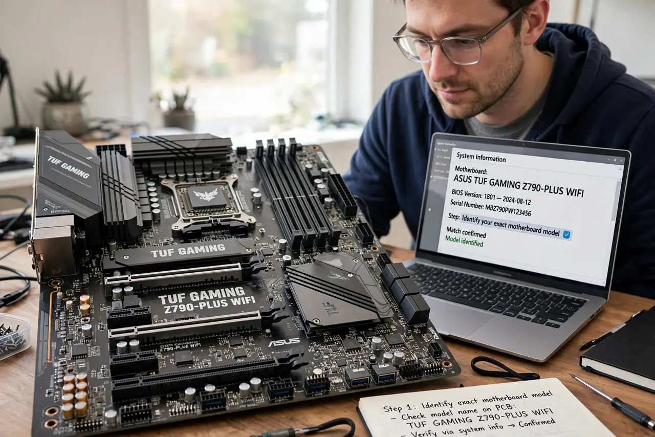 A person calmly performing the guide's first step: Identify your exact motherboard model.