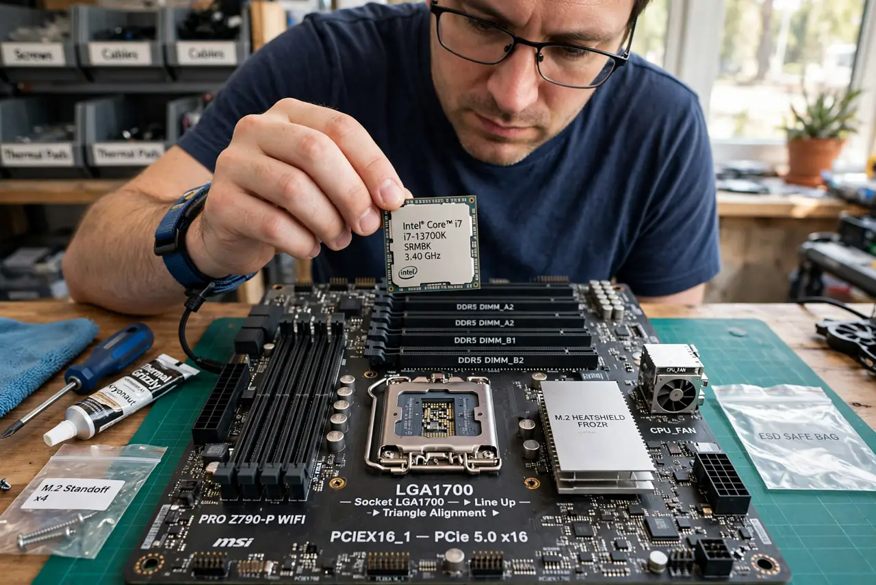 a person holding a real CPU above a real motherboard socket, both clearly visible with legible socket markings, the person's face careful, well-lit workbench. No black screen, no b.