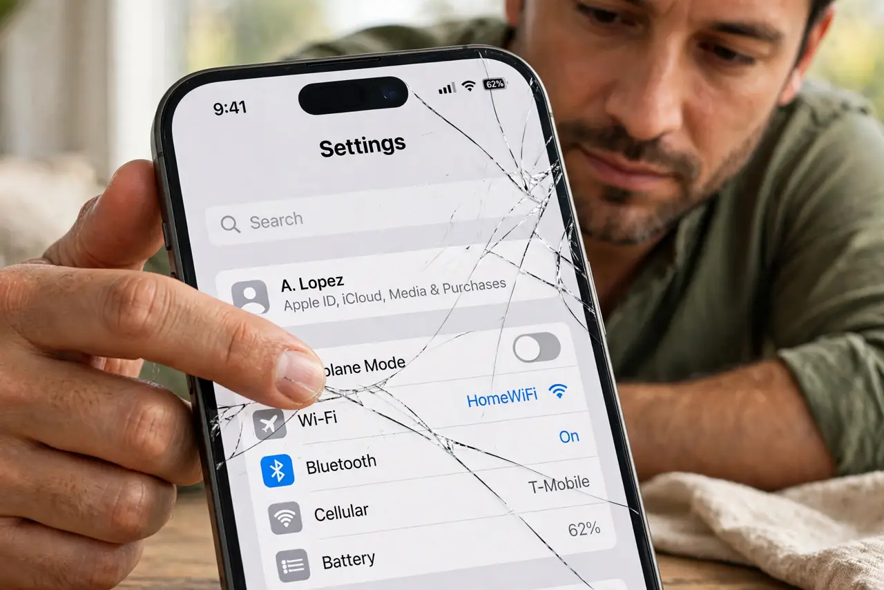 A calm adult running a fingernail across a real phone screen with a visible crack, testing whether the crack catches the nail, the screen showing a normal display with legible text.