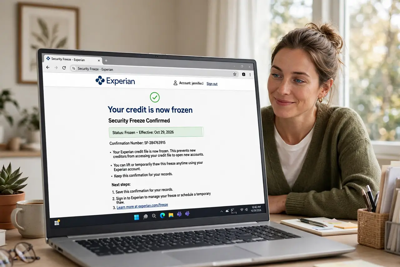 a person freezing credit on a real laptop showing a credit bureau security freeze confirmation page, the person's face relieved, bright home office. No black screen, no blank white.