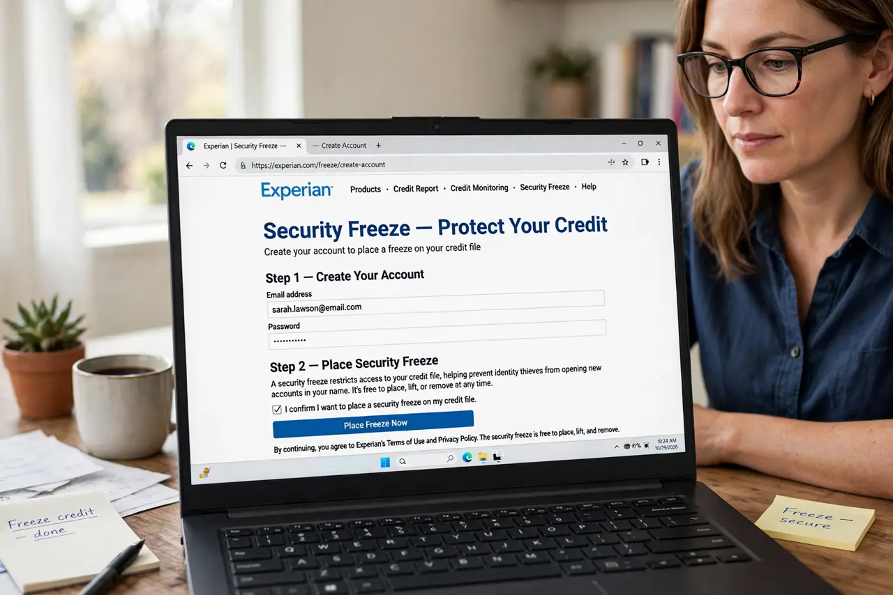 A person performing the first step: Start with Equifax. Go to Equifax's security freeze page, create an account, and place the freeze. Save the login —.
