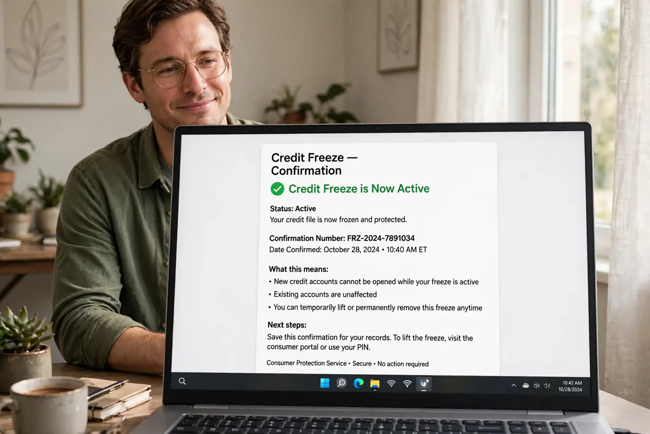 A relieved adult at a real laptop showing a credit freeze confirmation page fully legible, the person's face calm and satisfied, home office.