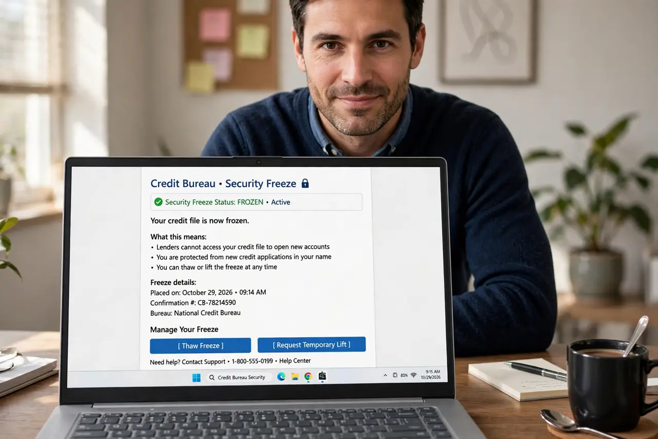 A decisive adult at a real laptop showing a credit bureau security page fully legible, the person's face confident, home office.