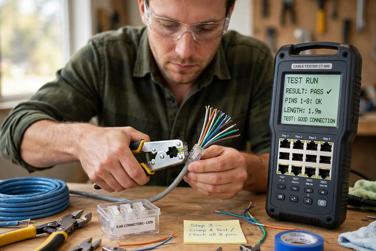 a person using a real crimping tool on a real ethernet cable with visible colored wires, a cable tester nearby, the person's face concentrated, workbench.