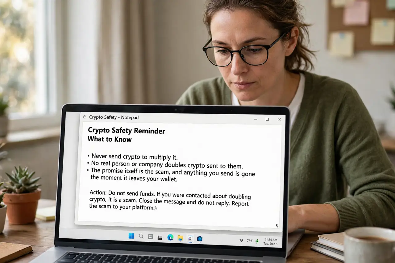 A person performing step 1 of the guide: Never send crypto to multiply it. No real person or company doubles crypto sent to them. The promise itself is the scam, and anything...