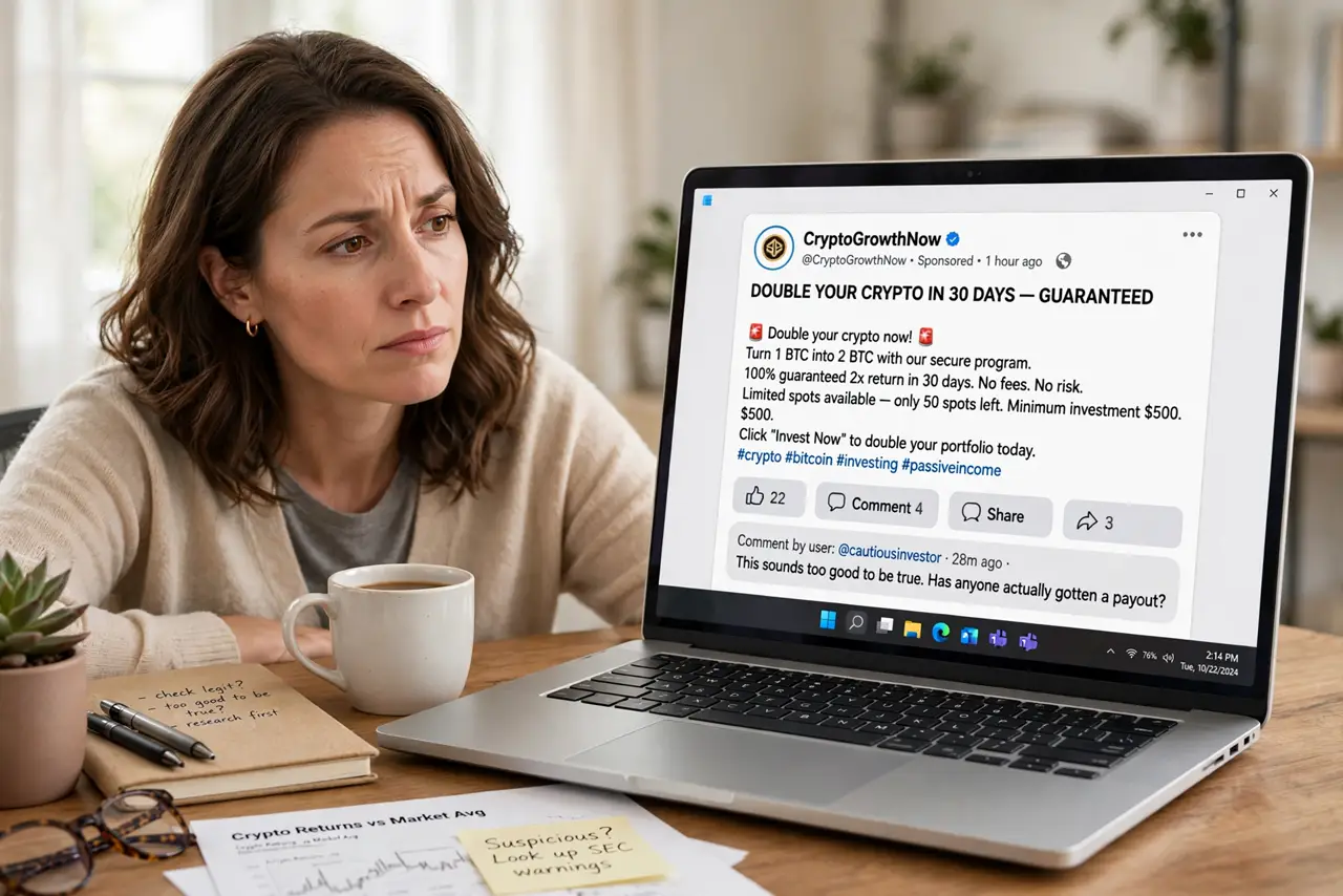 a calm adult at a desk with a real laptop, the screen showing a normal social media post promising doubled crypto returns with legible text, the person looking doubtful