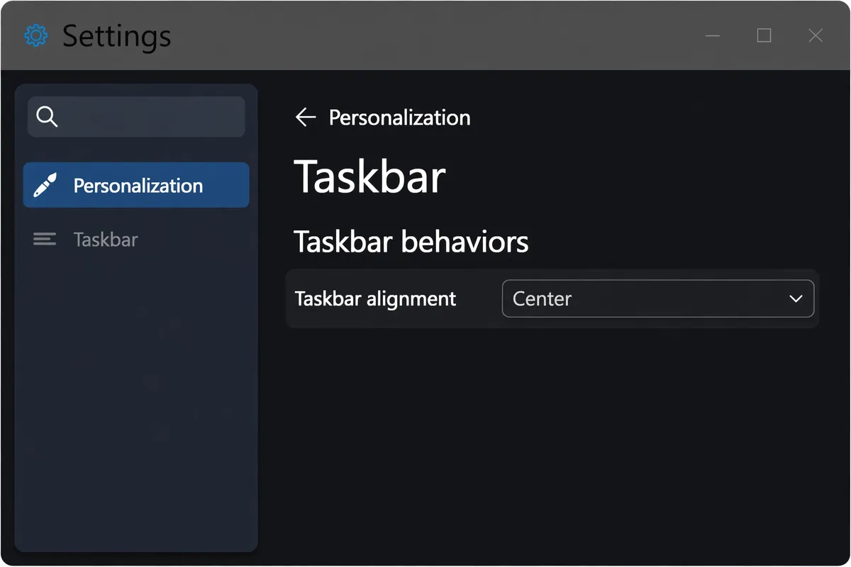 Windows Settings open on Personalization and Taskbar, showing the Taskbar behaviors section with Taskbar alignment set to Center.