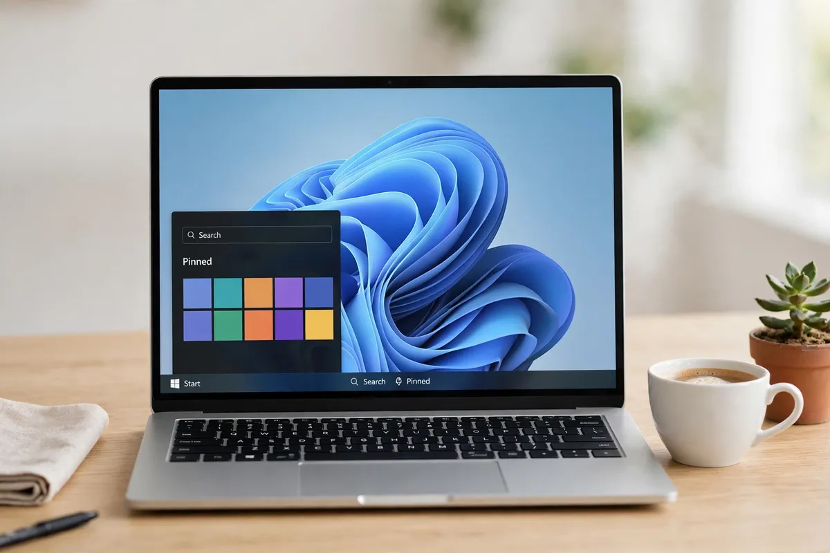 A laptop on a bright tidy desk showing the Windows desktop with the Start menu open, Pinned apps and a taskbar along the bottom.