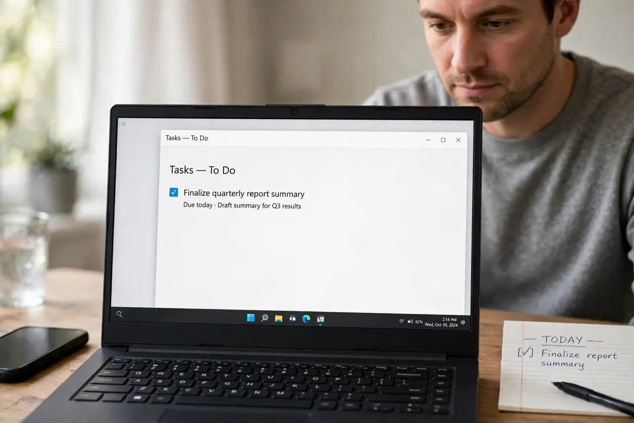 A person working on a single real laptop window in a quiet room, phone face-down, other apps closed, a simple one-task list on paper beside them, the person's.