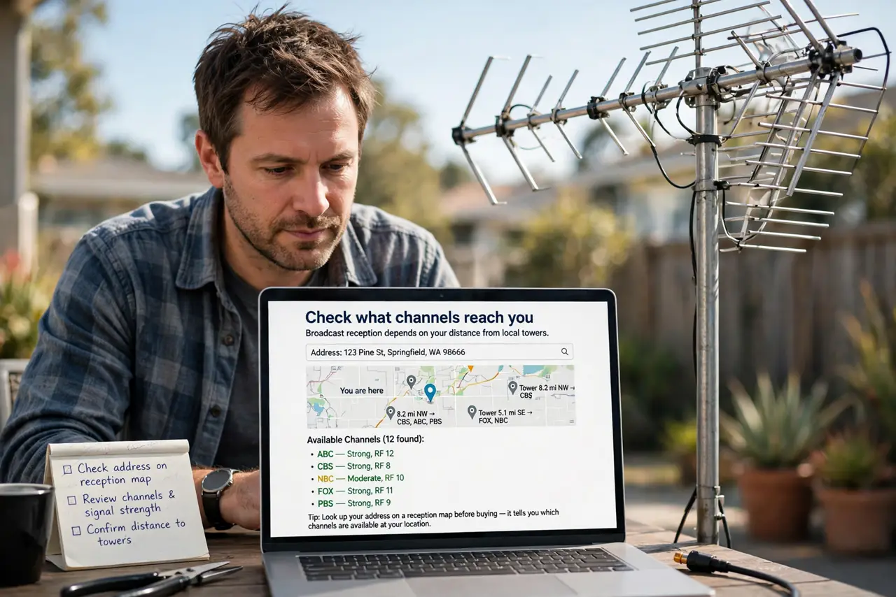 A person performing step 1: Check what channels reach you. Broadcast reception depends on your distance from local towers. Look up your ad.