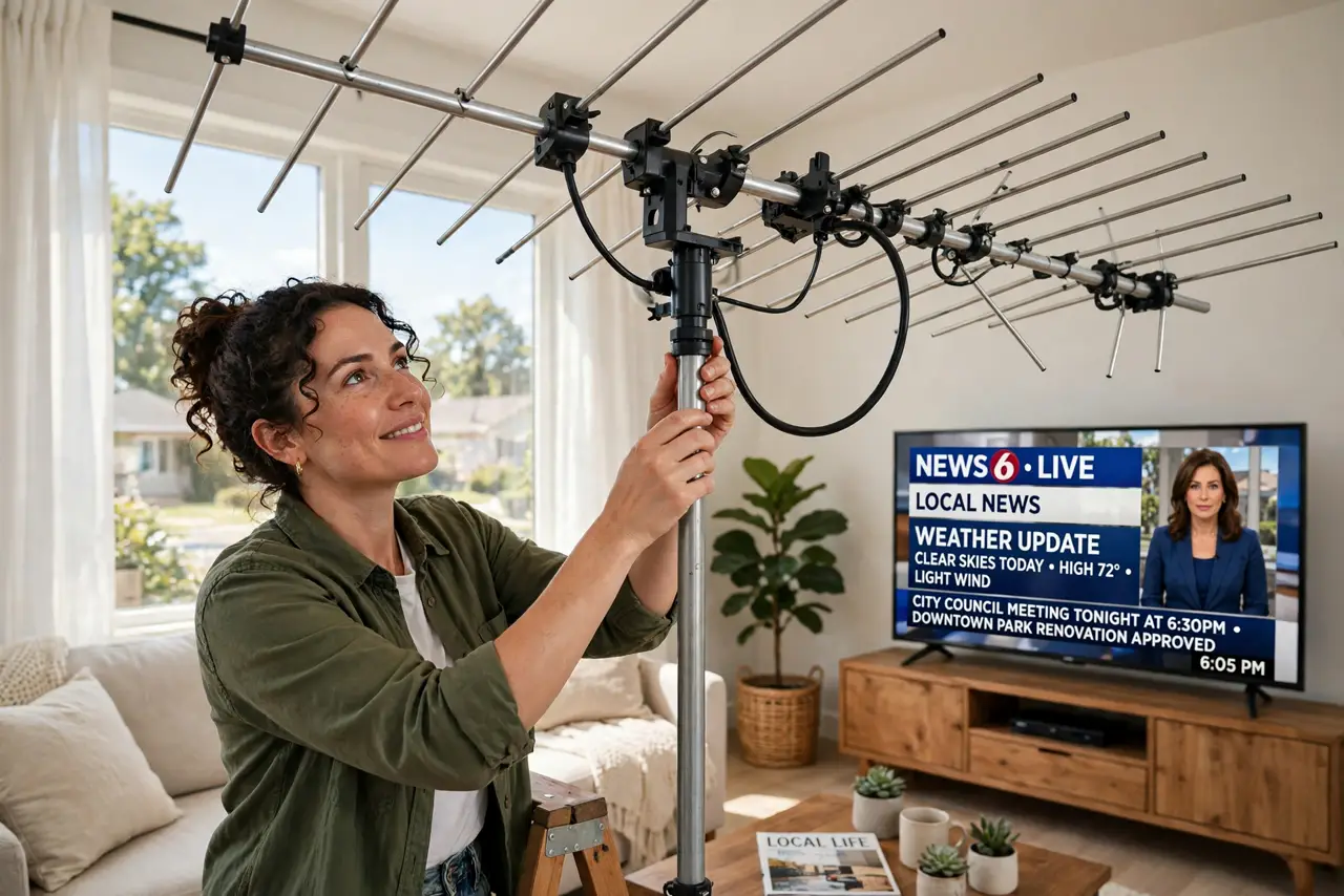 A person installing a real indoor TV antenna near a window, a real TV in the background showing a legible local news broadcast, the person's face optimistic, bright.
