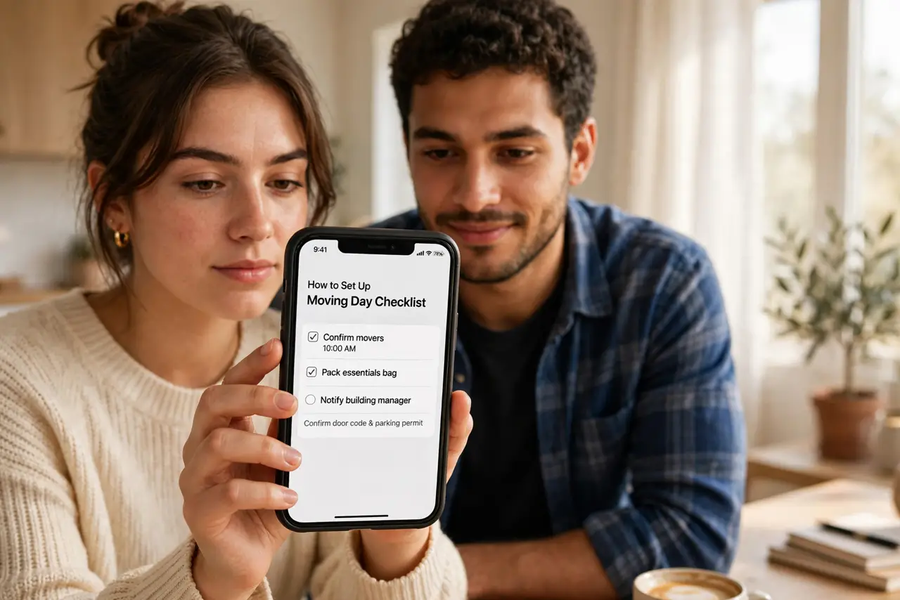 a person holding a real phone with a supportive friend beside them, both looking at the screen calmly, warm indoor lighting, the person's face resolute rathe...
