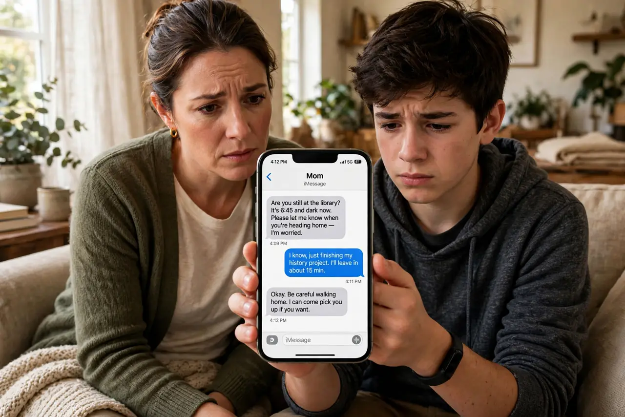 a concerned parent sitting beside a teen holding a phone showing a messaging screen, both faces serious but calm, warm living room light.