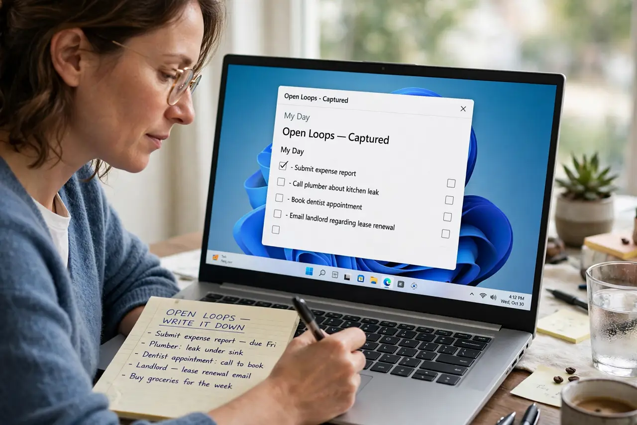 A person performing step 1 of the guide: Capture every open loop. Write down each unfinished task and worry on paper or in your list. An uncaptured task keeps spinning in your...