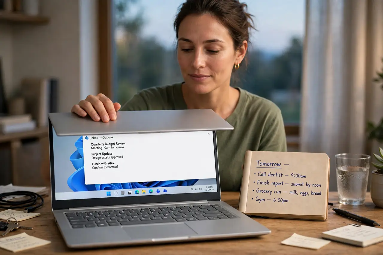 a calm adult at a desk in the evening closing a real Windows laptop, a paper notebook beside it with a short legible tomorrow list, the room softly lit, the person relaxed