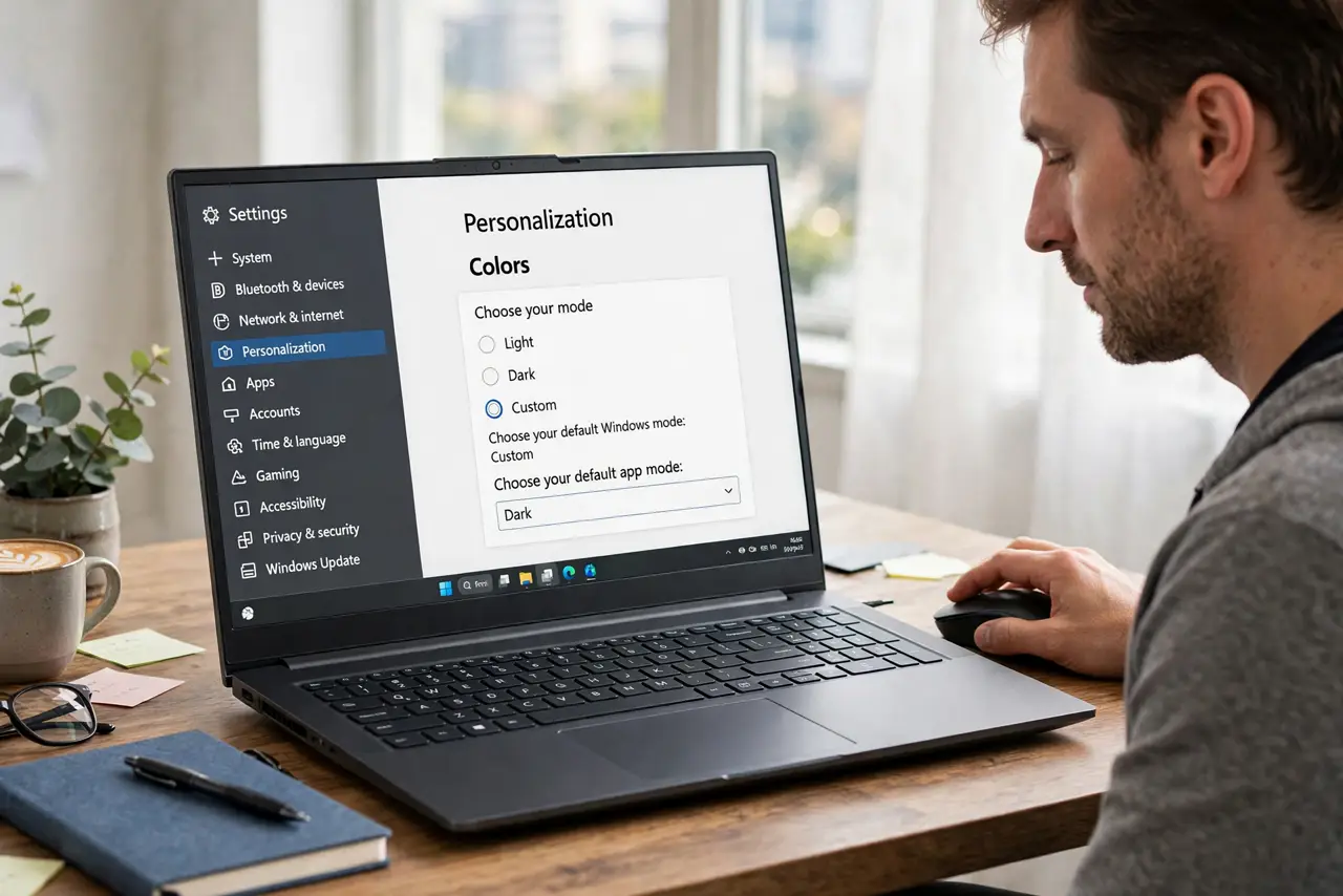 An adult choosing Light or Dark mode in Windows Colors settings.