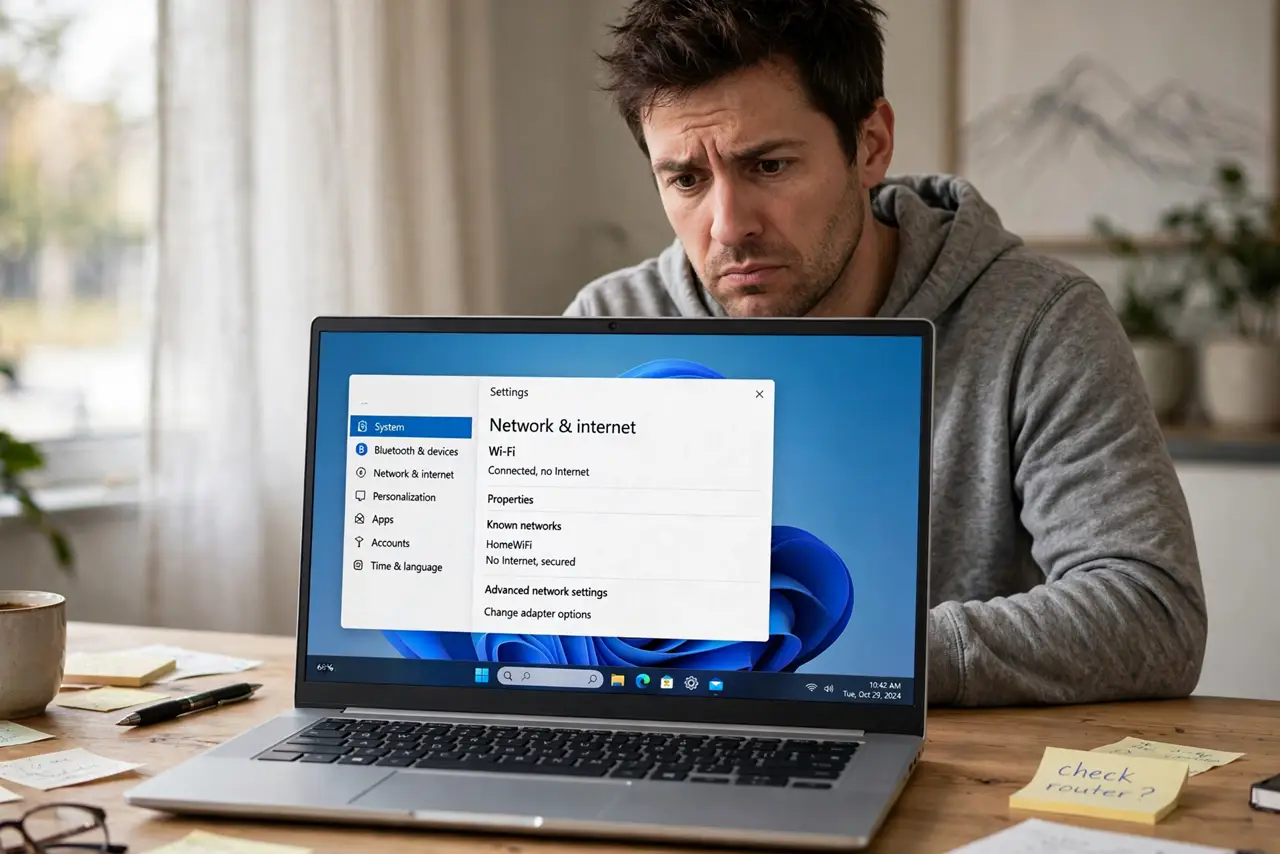 A puzzled adult looking at a Windows laptop whose theme changed on its own.