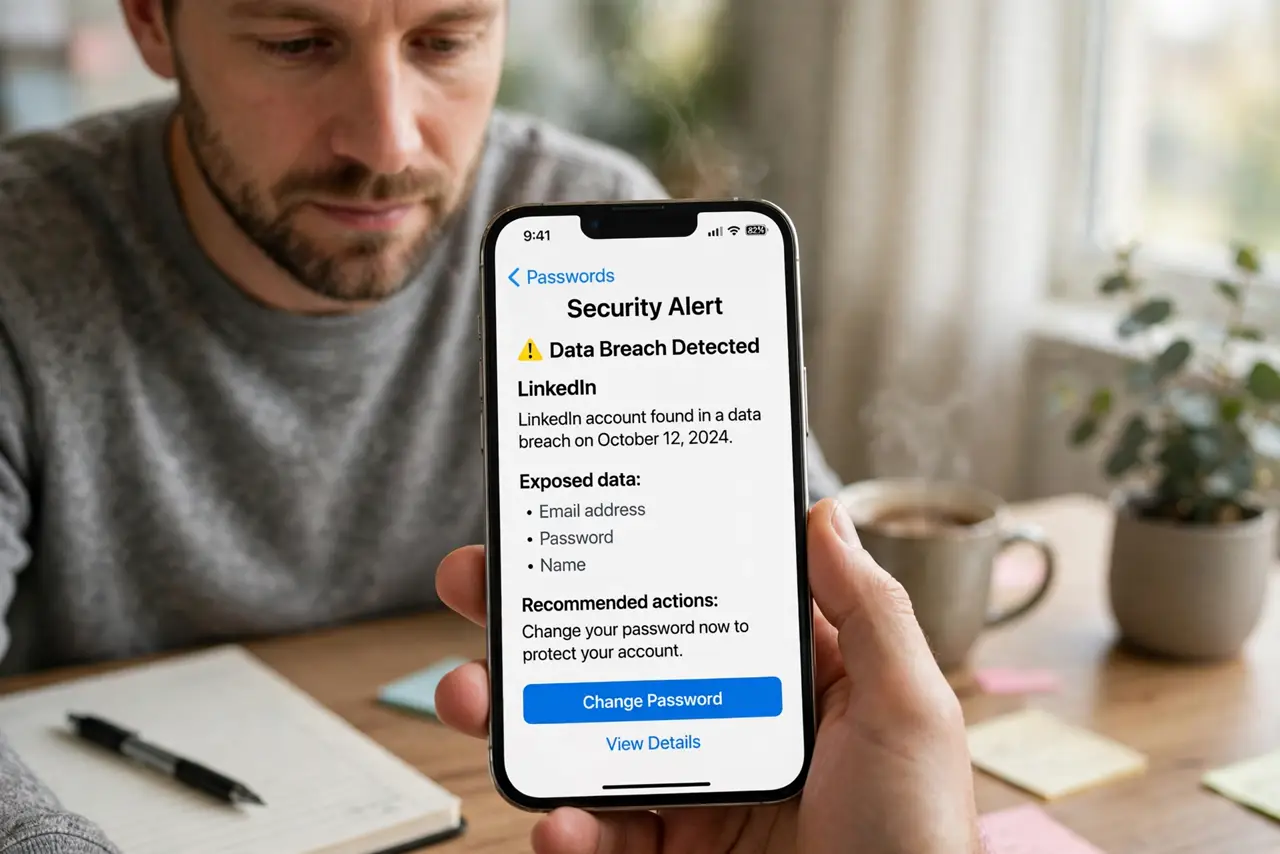 A person performing the first step: Read what was actually exposed. Most alerts name the breach and the data type —.