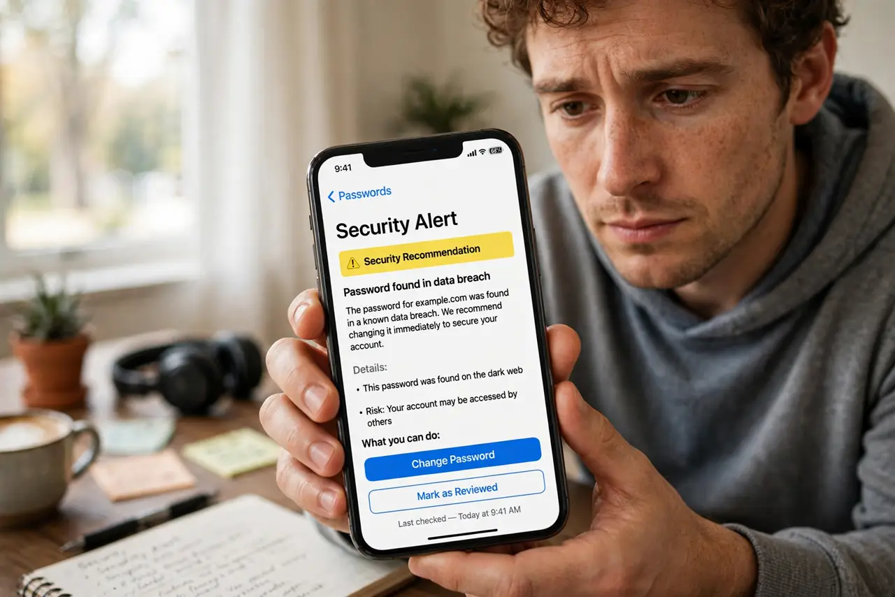 A person holding a real phone showing a password manager security alert screen with legible text, the person's face