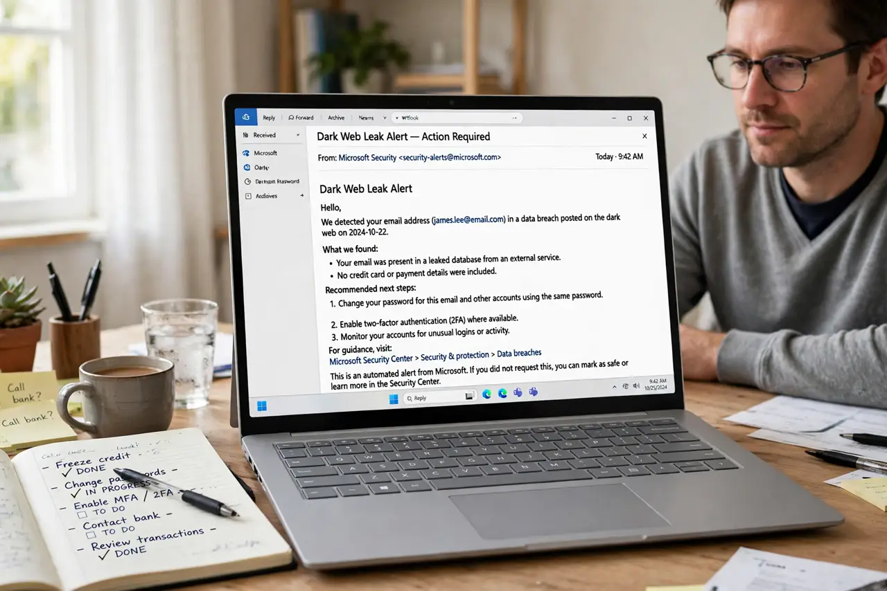 Photoreal photo of a person performing the first step: Do not panic — assess first. An alert means your data is in a traded database, not that your ac
